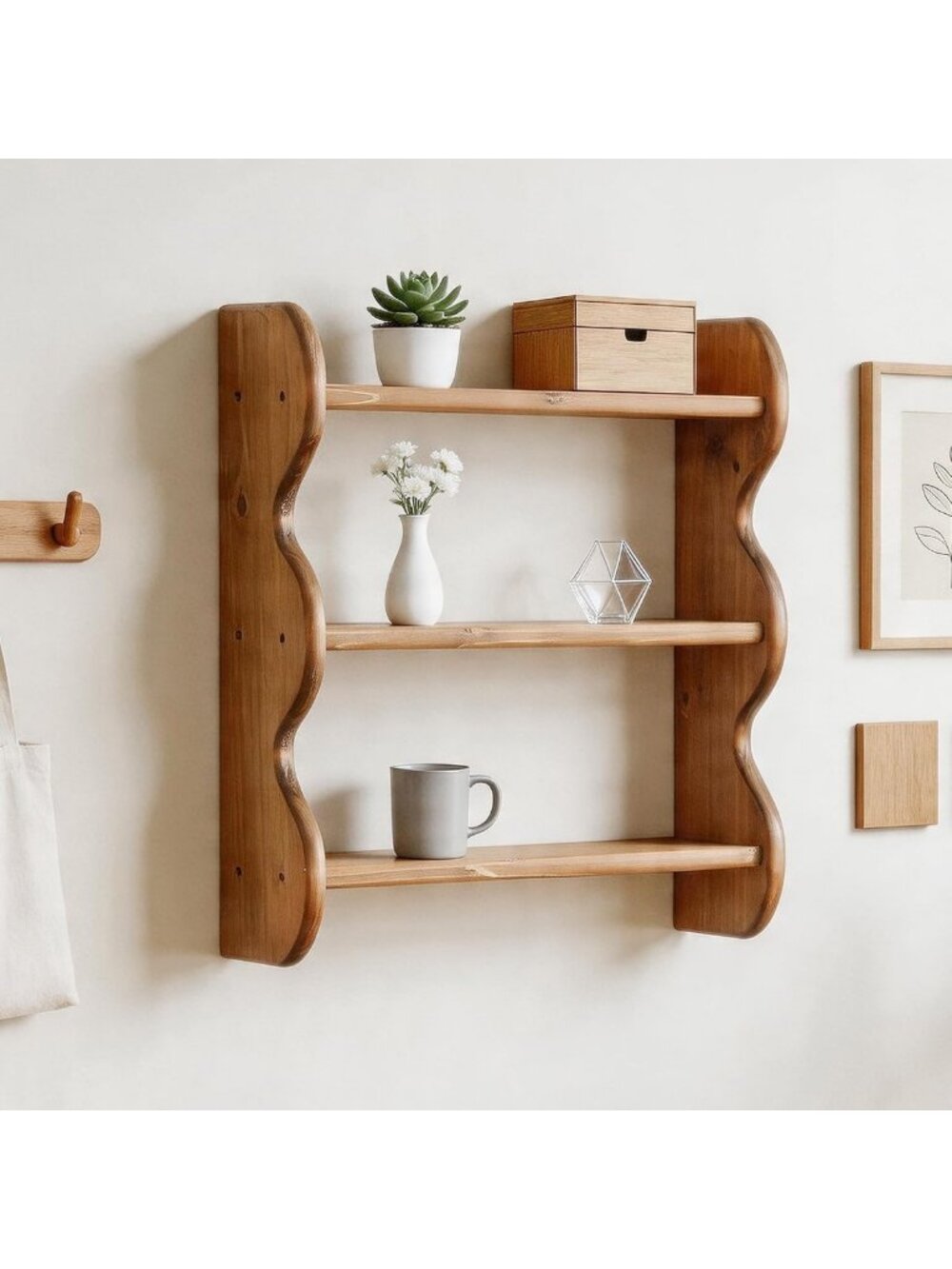 Rustic 3-Tier Wooden Wall Shelf - Solid Wood Decor for Kitchen, Bedroom